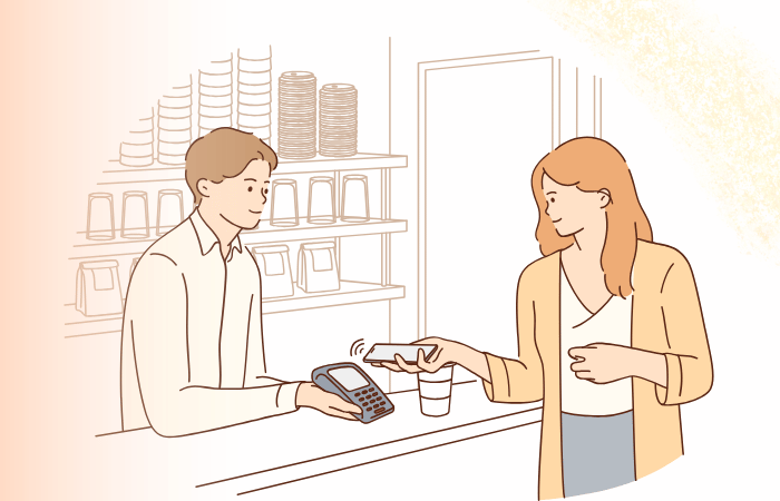 スマホをかざしてキャッシュレス決済をする女性のイラスト｜非接触タッチ決済のイメージ