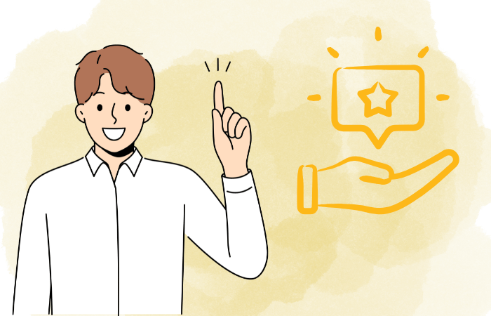 笑顔で指を立てる男性のイラストと、右側に「星マーク付きの吹き出しと手」のアイコンが描かれたイラスト。おすすめやアドバイスを伝えるイメージ。