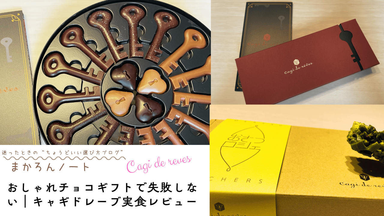 鍵型チョコレートと高級感のあるパッケージを並べ、キャギドレーブのチョコギフトを紹介するアイキャッチ画像